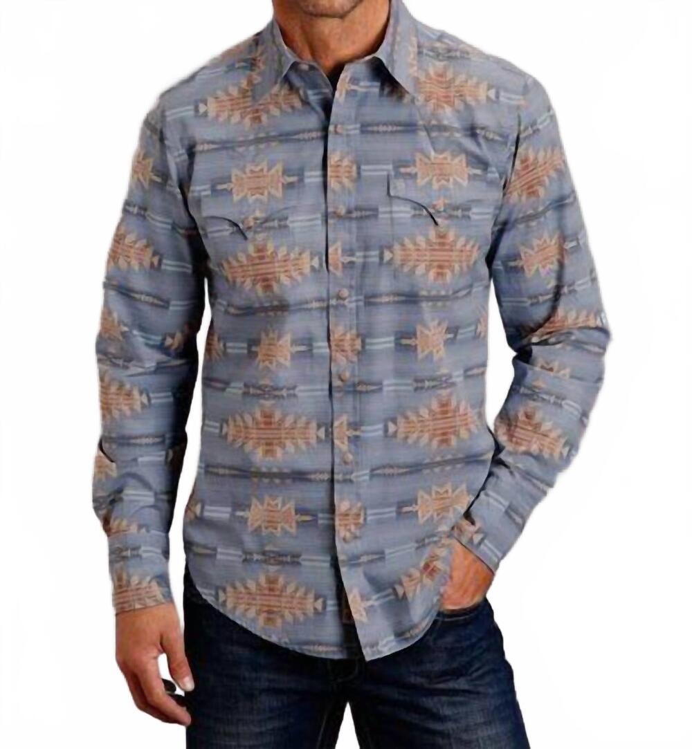 NEW STETSON long sleeve snap desert horizon print shirt in blue